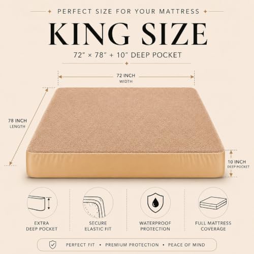 Image of BSB HOME Waterproof Terry Mattress Protector, Soft Cotton Terry Mattress Cover with Deep Pocket Fitted Sheet Style, Breathable & Noiseless Bed Protector, Single Bed- 36 x 72 +9 Inches - Warm Beige