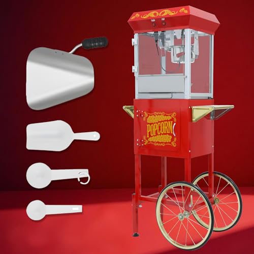 Image of Popcorn Machine with Cart & Wheels丨 Popcorn Maker Machine with 10OZ Stainless Steel Kettle丨 Popcorn Popper for Home, Theater, Parties, Red