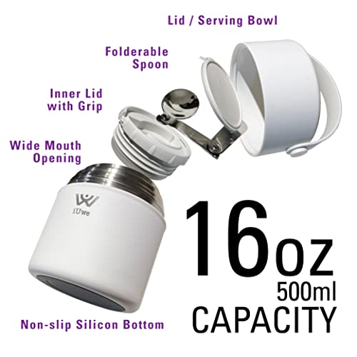 Iuwe 16 Oz Food Thermos For Hot Food With Spoon 316L Stainless Steel Small Thermos Insulated Food Container Leak Proof Travel Soup Thermos Food Jar For Kids School Adult Work Lunch Camping (White) #TOP2