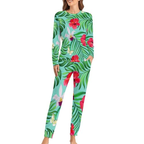 Pyjama Femme Fleurs d'hibiscus : Ensemble T-Shirt Manches Longues et Pantalon