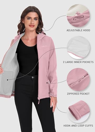 ATLASLAVA Softshelljacke Damen mit Kapuze Regenjacke Fleecejacke Wanderjacke Gefüttert Jacken Outdoor Wandern Hellrosa S