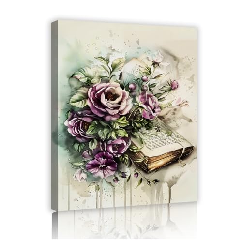 LAIZIHOME Vintage Floral Canvas Wall Art Purple Roses and Book