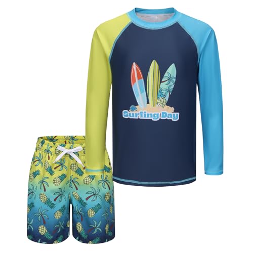 Image of Boys Two Piece Rash Guard Swimsuits Set with Swim Trunk Kids Long Sleeve Bathing Suit Swimwear Set
