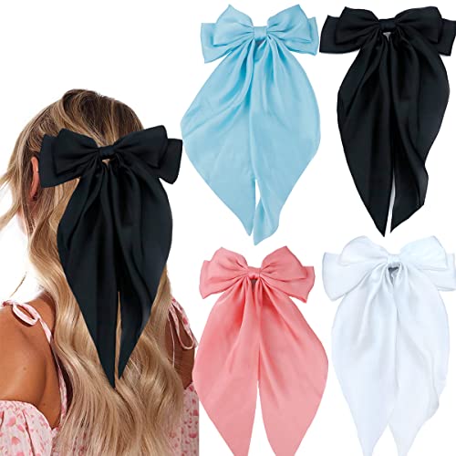 4 Pieces Silky Satin Hair Bows Ribbon Hair Barrettes Clip Large Bow Hair Slides Metal Clips French Barrette Long Tail Hair Accessories Hairpin for Women Girls(Jade Pink, Black, Blue, White)