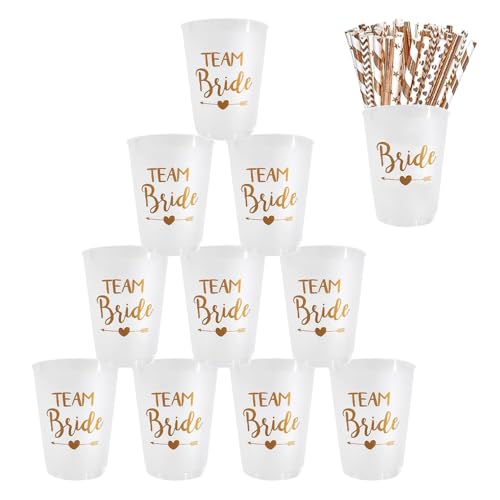 Bachelorette Party Cups 12 Stück Braut und Team Braut Tassen Mit 12 Strohhalmen Becher Bride Tribe Cups für Bridal Shower Verlobungsfeier Junggesellenabschied Party 9.8 x 5.8 cm (Transparent)