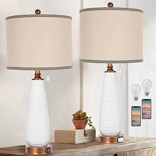 Table Lamps For Living Room Set Of 2, Modern 27.5" Tall White Ceramic Bedrooms Lamp For Bedside, Farmhouse Pull Chain Switch Nightstand Lamp With 2 Usb Ports For End Table, Led Bulbs Included #TOP12