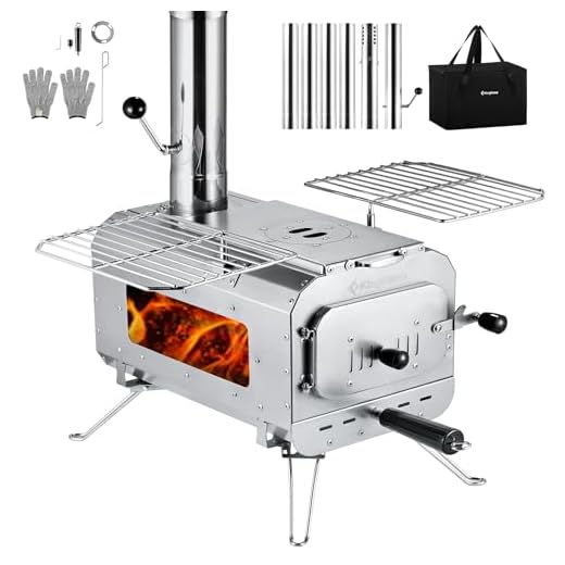 KingCamp Cocina portátil para tienda en acero inoxidable – Estufa con chimenea, estufa de leña con asa de transporte, calefactor para tienda, ideal para jardín, camping, exterior y patio (grande)