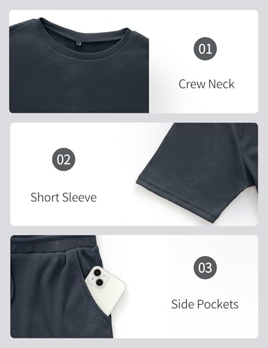 Vssjavun Mens Short Sets 2 Pieces Outfits Waffle Knit Lounge Set Short Sleeve Summer Casual Tracksuit