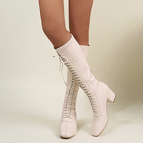 CsgrFagr Ladies Fashion British Style Solid Color Leather Lace Up Thick High Heel Boots Thigh High Wide Calf Boots for Women Size 11 (Beige, 6.5)2
