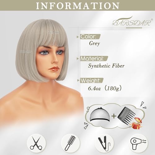 BARSDAR Grey Wig with Bangs, 12 Inch Short Gray Wig Straight Bob with Bangs for Women's Short Bob Wigs, Natural & Soft - Image 2
