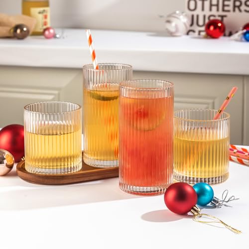 Ribbed Drinking Glasses 8pcs, 12oz and 10oz Glassware, Tumbler Glasses Cup Set for Wedding, Party, Christmas Gift, Clear - Image 3