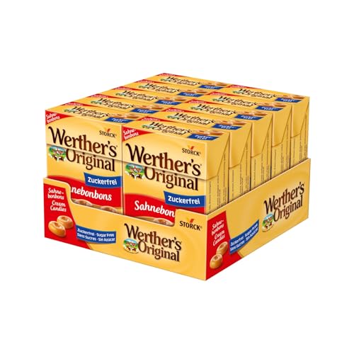Werther's Original Zuckerfrei – 10 x 42 g Box – Zuckerfreie Sahnebonbons mit leckerem Karamellgeschmack – Karamell-Bonbons einzeln verpackt