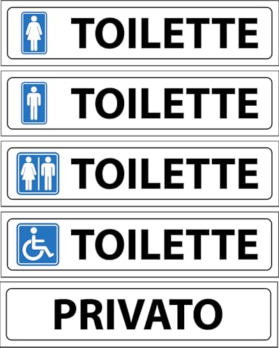 StampaGenerale® - Set 5 Adesivi Toilette (21×4,9 cm) in PVC Bagno Uomo Donna Unisex Disabili e Privato Segnaletica Autoadesiva Resistente e Impermeabile (Set Bianco)