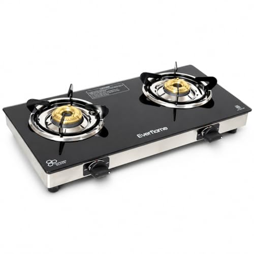Image of Everflame Iris 2 Burner Gas Stove | Manual Ignition | LPG Gas Stove | SS Frame | Heavy Brass Burner | Toughened Glass | Modern Kitchen Slim Cooktop | 2 Years Product Warranty + Doorstep Service