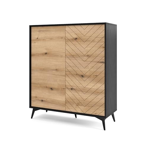 Selsey Boulia - Highboard 2-türig Schwarz mit Fischgrätfronten in Eiche, 104 cm Selsey Boulia - Highboard 2-türig Schwarz mit Fischgrätfronten in Eiche, 104 cm