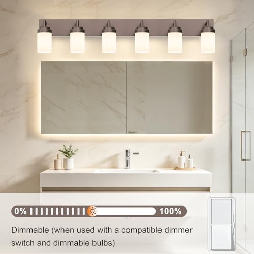 Image of Bathroom Light Fixtures, Oil Rubbed Bronze Bathroom Lighting Fixtures Over Mirror, Modern Vanity Light with White Glass Shade, Restroom Lighting Fixtures, 6-Light 46-inch
