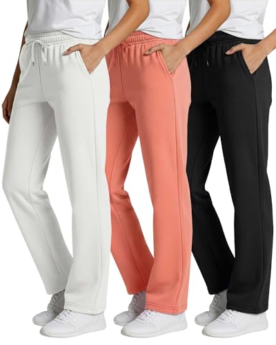 Image of Real Essentials 3 Pack: Women's Relaxed Fit Fleece Open Bottom Sweatpants - Casual Athleisure (Available in Plus)