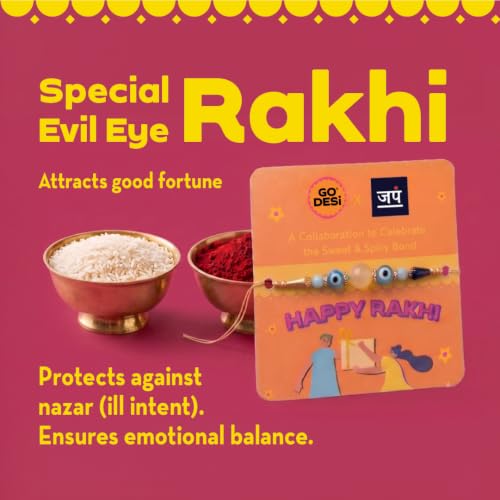 Image of GO DESi Rakhi Set For Brother - 18 Items | Fun Gift Box | Evil Eye Stone Rakhi by Japam | Dark Choco Kaju Katli | Roli Chawal Set | Desi Popz | Coconut Barfi | Fruti Twist | Rakhi For Brother| Gifts for Raksha Bandhan | Raksha Bandhan Gift Hamper