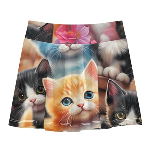 Colorful Cute Kittens Floral Pink Athletic Shorts Girls Skorts Tennis Skirts Kids Custom Pleated Skort 3t2