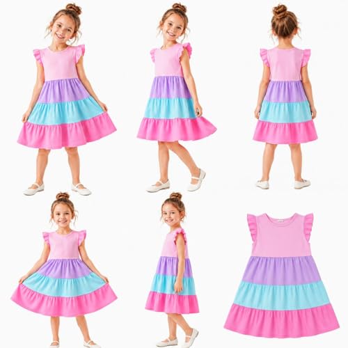 Image of HILEELANG Girls Cotton Tiered Dress Flutter Ruffle Sleeve Summer Swing Sundress Birthday Party Casual Outfit Colorblock 2-12Y