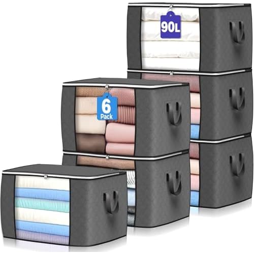 90 L Large Storage Bags, 6 Pack Clothes Storage Bins Foldable Closet Organizers Storage Containers with Reinforced Handle for Clothing, Blanket, Comforters, Bed Sheets, Pillows and Toys (Gray)
