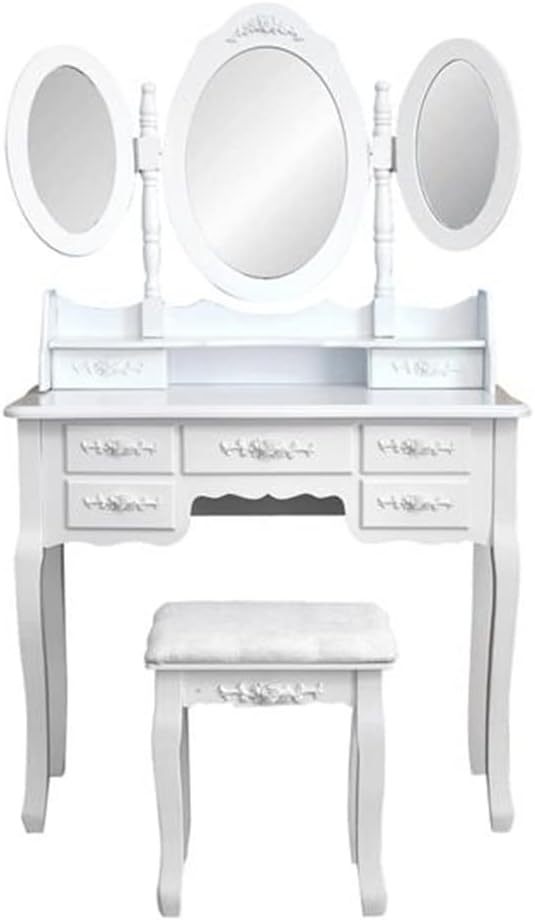 Foldable 3 Mirror with 7 Drawers Dresser with Vanity Stool Dressing Table Bedroom Furniture (Color : E, Size : (35.43x15.75x57.87))