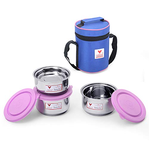 Image of Stainless Steel 3 Container Lunch Box Set |2 Containers 350ml Each & 1 Container 280 ml with Spoon and Bag|Dishwasher Safe|Air Tight Tiffin with Pink lid |Office Travel Picnic School