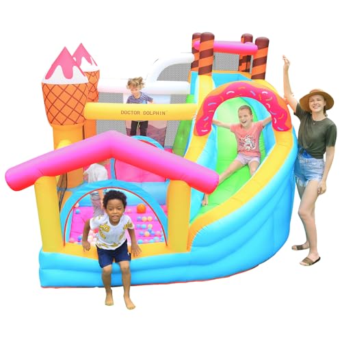 Doctor Dolphin Inflatable Bounce House for Kids Ice Cream Doughnut Dessert Party for Outdoor Play with Blower, Long Slide and Ball Pool