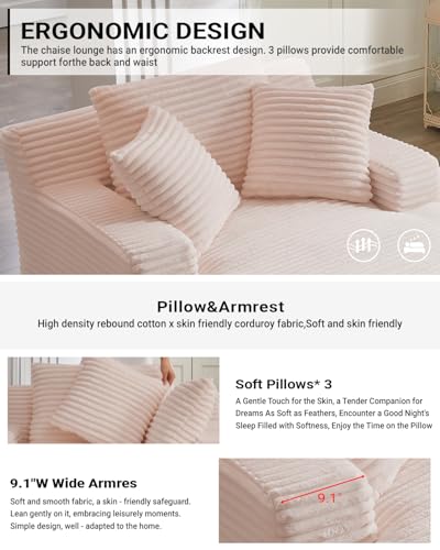 Image of 67 Inch Chaise Lounge Chair Indoor, Oversized Corduroy Upholstered Boneless Sofa Bed, Deep Seat Sleeper Couch Reading Chairs, Cloud Sofas Couches for Living Room, No Assembly Required (Pink)
