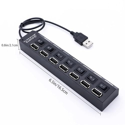 Image of BETSU 7-Port USB 2.0 Hub with Individual Power Switches and LED Indicators, USB Splitter for Laptop, PC, Keyboard, Mouse, Mobile HDD and Flash Drive (Black)