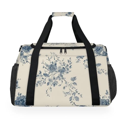 Flowers Blue Watercolor Retro Travel Duffel Bag Weekender Overnight Bags for Women Men Foldable Waterproof Tote Bag with Trolley Sleeve - Main Image