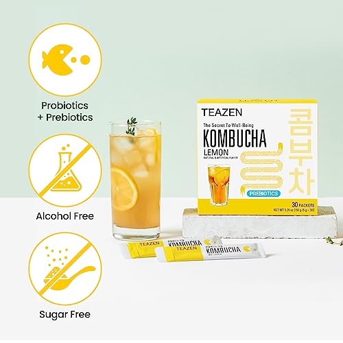 Teazen Kombucha Tea, Zero Sugar, Sparkling Fermented Powdered Mix Beverage From Korea, Live Probiotics & Prebiotics, 30 Sticks, 5.29Oz (Lemon) #TOP3