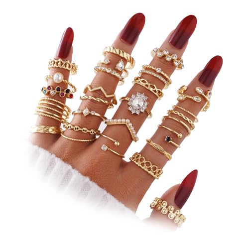 IFKM 28 Pcs Gold Knuckle Rings Set For Women Vintage Stackable Joint Finger Midi Rings Dainty Cubic Zirconia Crystal Simple Twist Hollow Cute Rings Pack Jewelry Gift