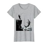 Angler vs Giant Fish Rocky Cliff Fishing Graphic T-Shirt, Women, Heather Grey, X-Large