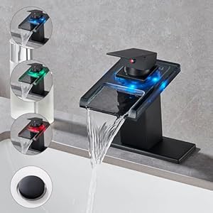 LED Bathroom Sink Faucets, Matte Black Waterfall 3 LED Light Single Handle Stainless Steel Bathroom Faucet with Pop Up Drain