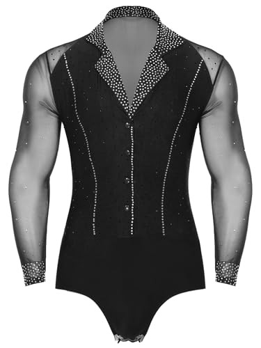 MSemis Maillot Baile Latino para Hombres Body Manga Larga de Gimnasia Rítmica Patinaje con Cuello en V y Diamantes Brillantes Mono de Danza Jazz Tango Salón H Negro L