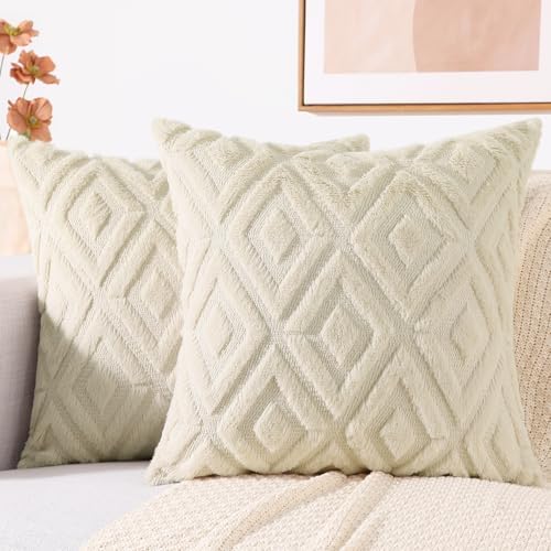 decorUhome Couch Throw Pillow Covers 24x24 Set of 2, Decorative Soft Plush Faux Wool Neutral Accent Pillow Covers for Bed Sofa Living Room, Beige
