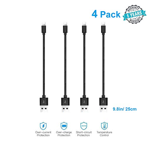 Short USB Cables (4pack 9.8in/25cm) -Black Nylon Braided Fast Charging Syncing Cables, Power Cords Compatible with iPhone11,Xs,X,Xr,8 Plus,7,6,SE,5S,iPad Air,Pro,Mini,iPod Touch,Charging Station