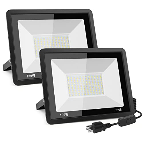 LIGAGEDE 2-Pack 100W LED Flood Light Outdoor, 10000LM LED Flood Light with Plug and Switch, 5000K Daylight White, IP66 Waterproof Floodlights for Yard, Garden.