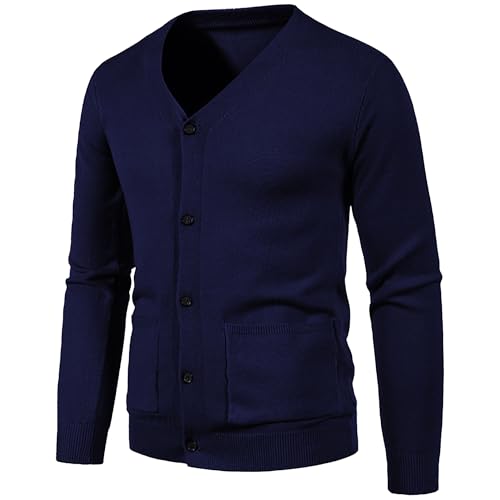 Mens V-Shaped Collar Sweaters Lightweight Soft Ventilation Casual Cardigan Long Sleeves Pockets Knitwear