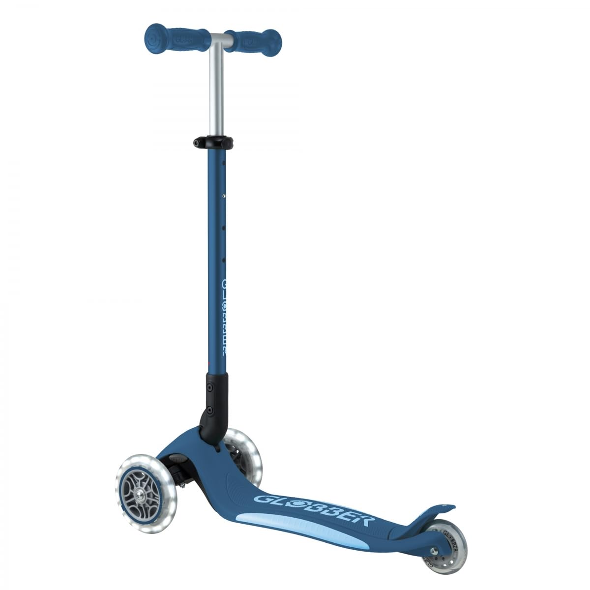 Globber - Primo Foldable Plus Lights - Monopattino a 3 ruote per bambini dai 3 ai 9 anni, blu scuro