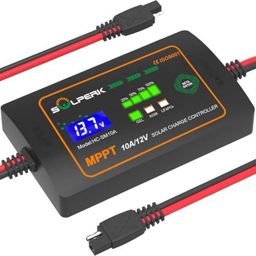 SOLPERK 10A 12V MPPT Solar Charge Controller with LCD Display, Intelligent Solar Panel Controller Portable Solar Panel Regulator for Gel AGM Lead-Acid Lithium LiFePO4 Battery