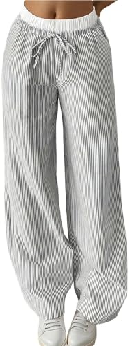 Women's Linen Wide Leg Pants Casual High Waist Striped with Pockets Daily Fit Jogging Sweatpants Petite Body Pants