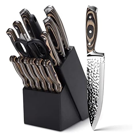 Knife Set,15 Pieces Kitchen Knife Set with Wooden Block,High Carbon Japanese Stainless Steel Knife Block Set,Ultra Sharp, Full-Tang Design,Irregular Hammer Pattern Cover
