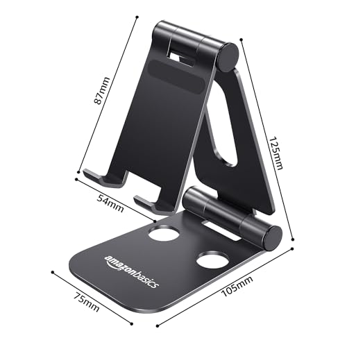 amazon basics Aluminum Adjustable Mobile Phone Foldable Tabletop Stand Dock Mount for All Smartphones, Tabs, Kindle, iPad (Black)
