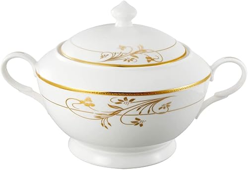 Miniatura 3 de Sopera de sopa de porcelana de hueso duradera con tapa para organizar fiestas y eventos, diseño dorado