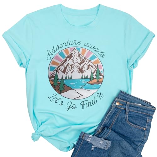 Dahuiya Adventure Awaits Shirt Womens Hiking Camping T Shirt National Park Graphic Tees, Mint Blue, L