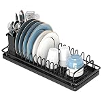 Compact Small Dish Rack Sink Drying Rack with Silicone Mat, Stainless Steel Dish Drainer for Kitchen Cabinet, Kitchen Sink Rack,Dish Holder, Black