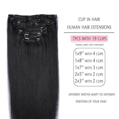 SURNEL Hair Extensions Clip in Human Hair #1 Jet Black 14inch 140g 7Pcs Clip in Hair Extensions Real Human Hair Silky Straight Thick Ends Full Head Set (7C#1-14) - Image 2