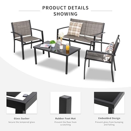 Image of Shintenchi 4 Pieces Patio Furniture Set All Weather Textile Fabric Outdoor Conversation Set, with Glass Coffee Table, Loveseat, 2 Single Chairs for Home, Garden, Lawn, Porch(Light Brown)